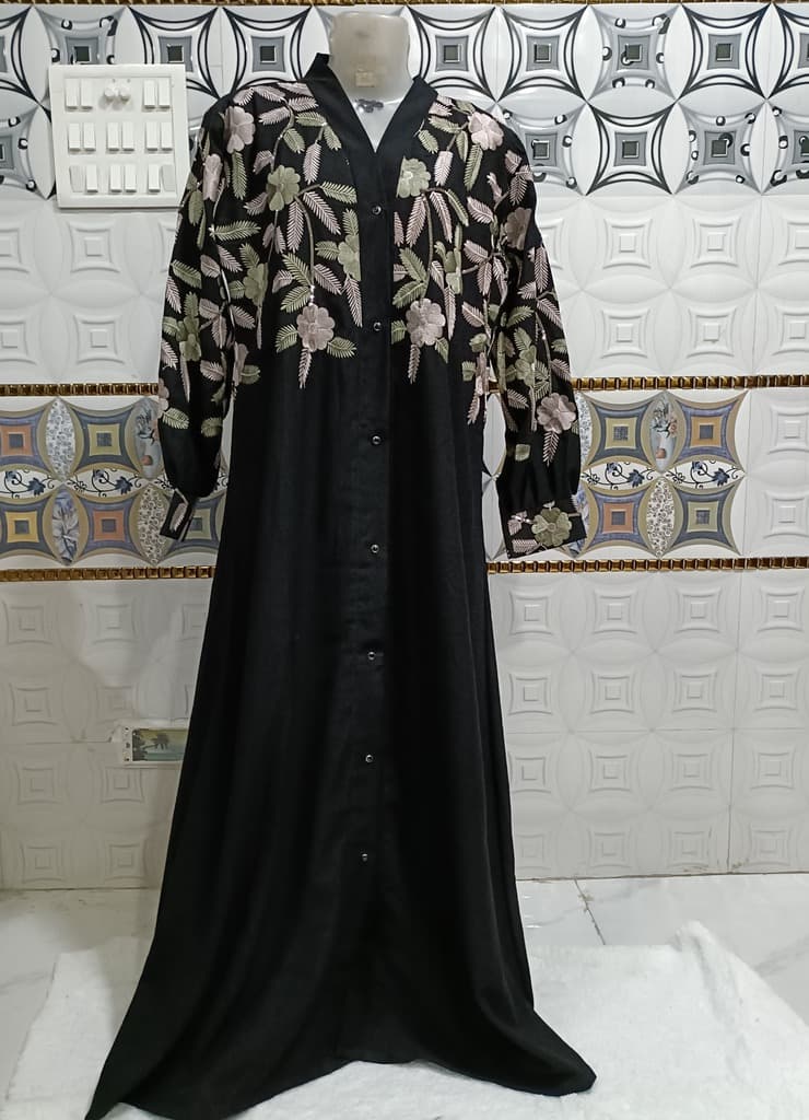 Front Open Black Embroidered Abaya With Light Green And Beige Embroidery thumbnail 2