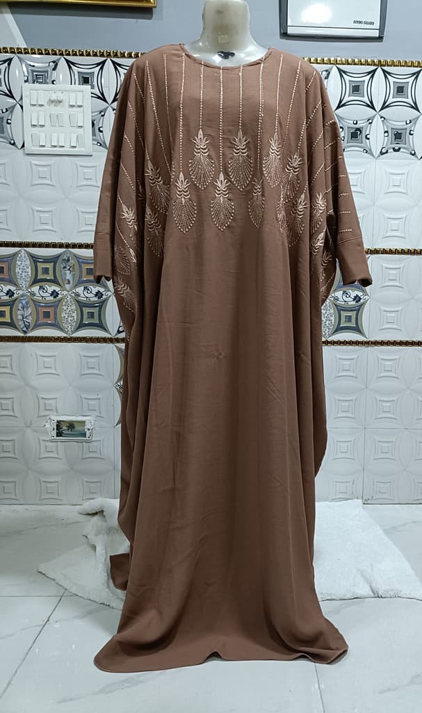 Pastel Brown Heavily Embroidered Kaftan Abaya With Beige Embroidery