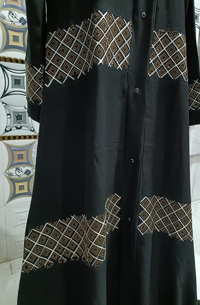 Front Open Black Abaya With Golden Stone thumbnail 3