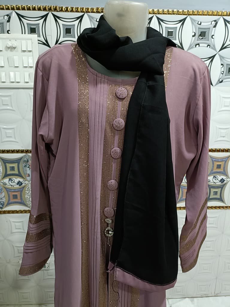 Festival Fuschia Pink Abaya With Golden Stones And Mock Buttons thumbnail 2