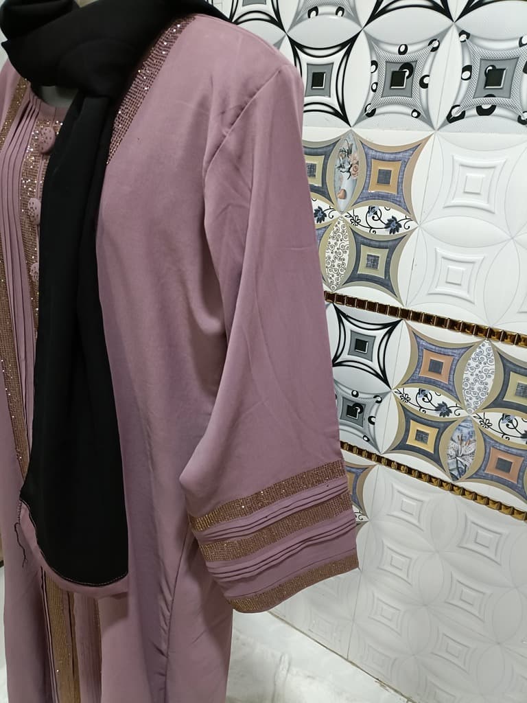 Festival Fuschia Pink Abaya With Golden Stones And Mock Buttons thumbnail 3