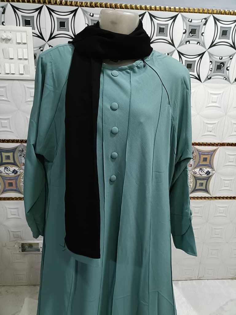 Teal Umbrella Abaya With Mock Buttons And Slant Neck Chain thumbnail 3