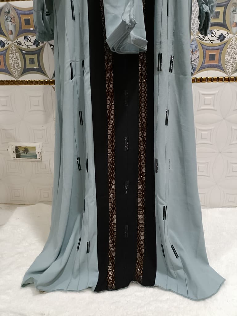 Arctic Blue Contrast Abaya With Full Length Stone Work thumbnail 2