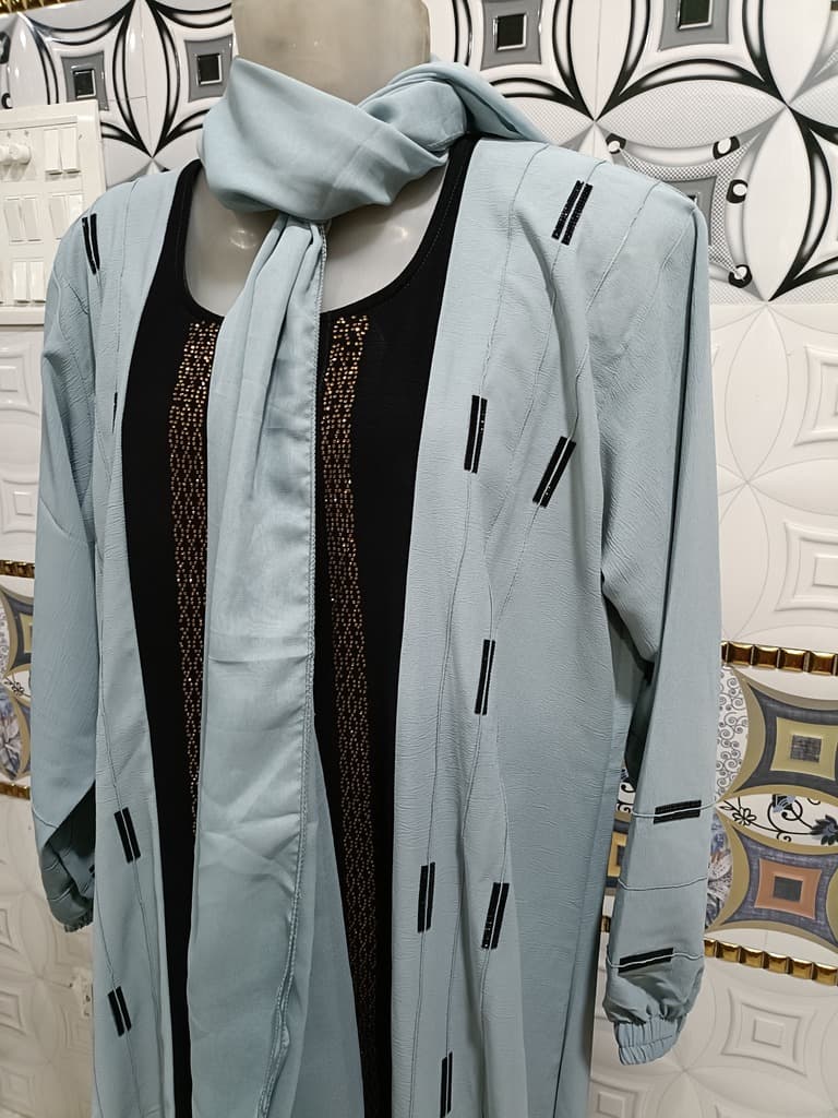 Arctic Blue Contrast Abaya With Full Length Stone Work thumbnail 3
