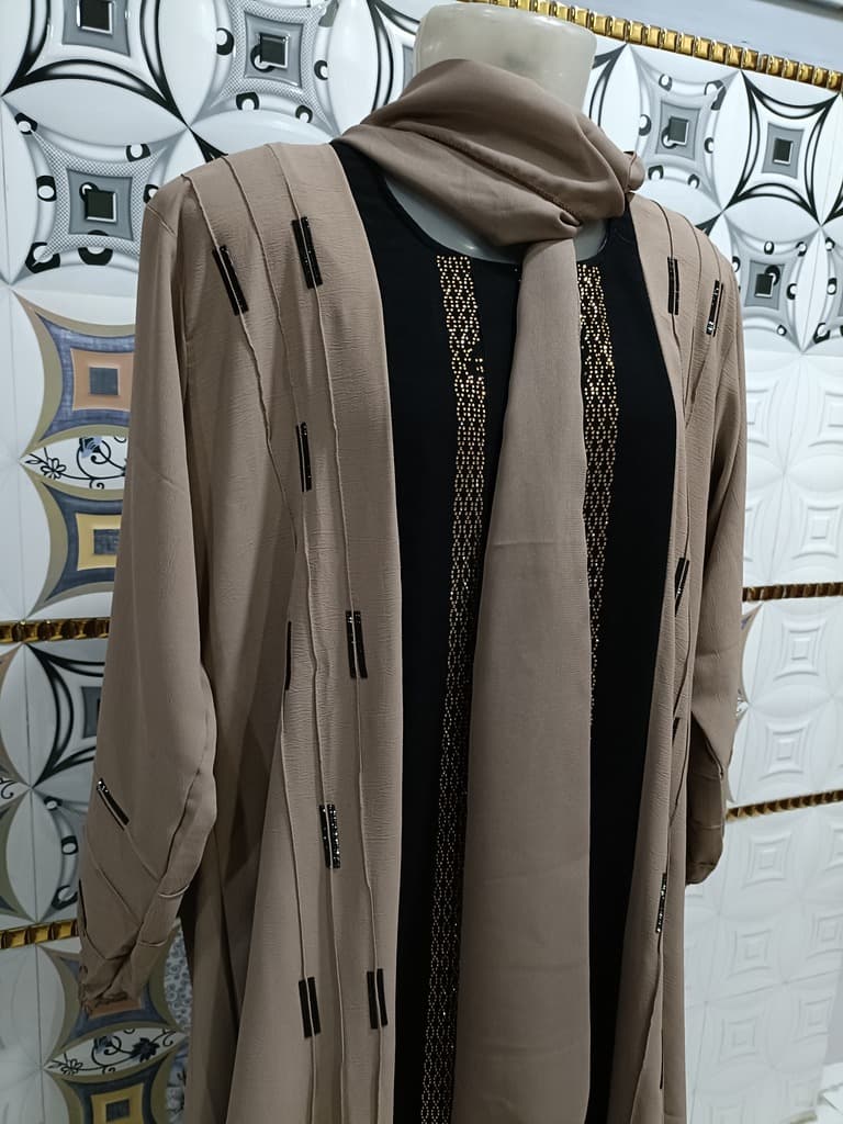 Taupe Brown Contrast Abaya With Full Length Stone Work thumbnail 3