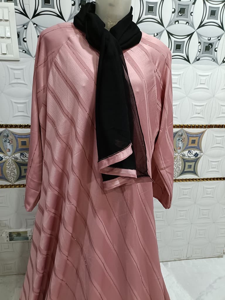Flamingo Pink Umbrella Abaya With Light Stone Work thumbnail 2