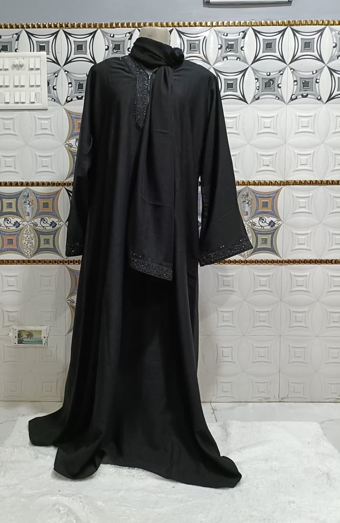 Black Abaya With Black Embroidered Lace Around Neck thumbnail 2
