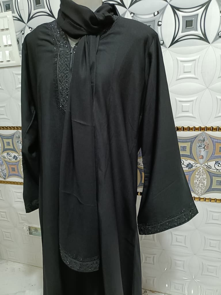 Black Abaya With Black Embroidered Lace Around Neck thumbnail 4