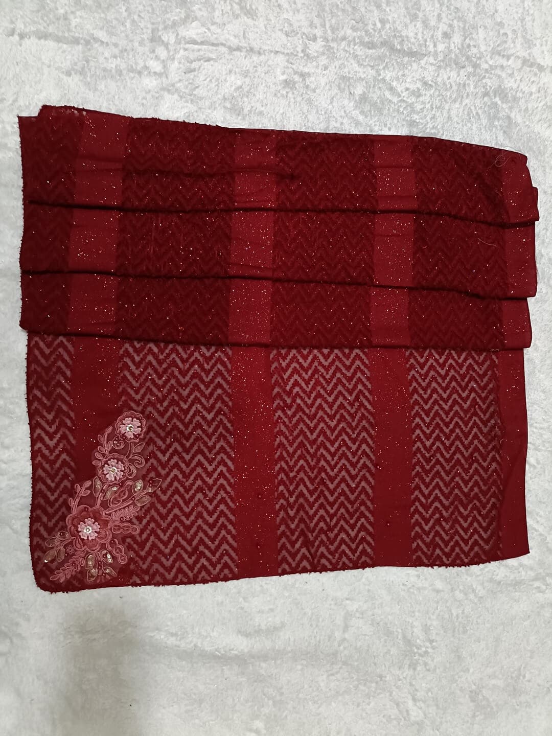 Wine Red Boota Design Hijab With Light Fur thumbnail 2