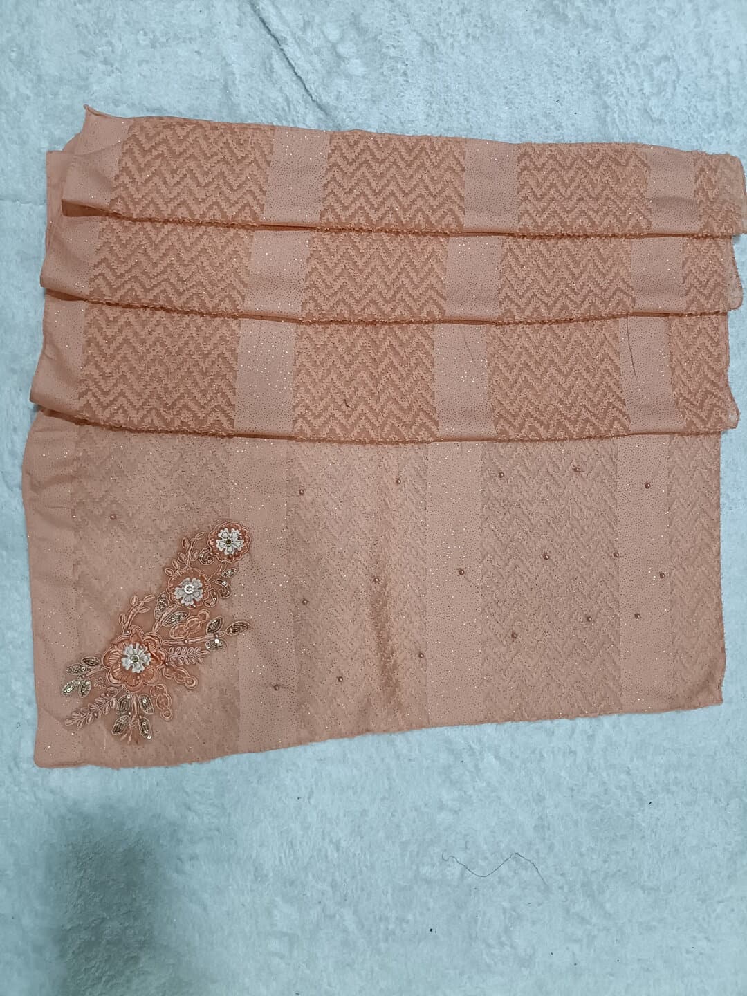 Creamy Peach Boota Design Hijab With Light Fur thumbnail 2