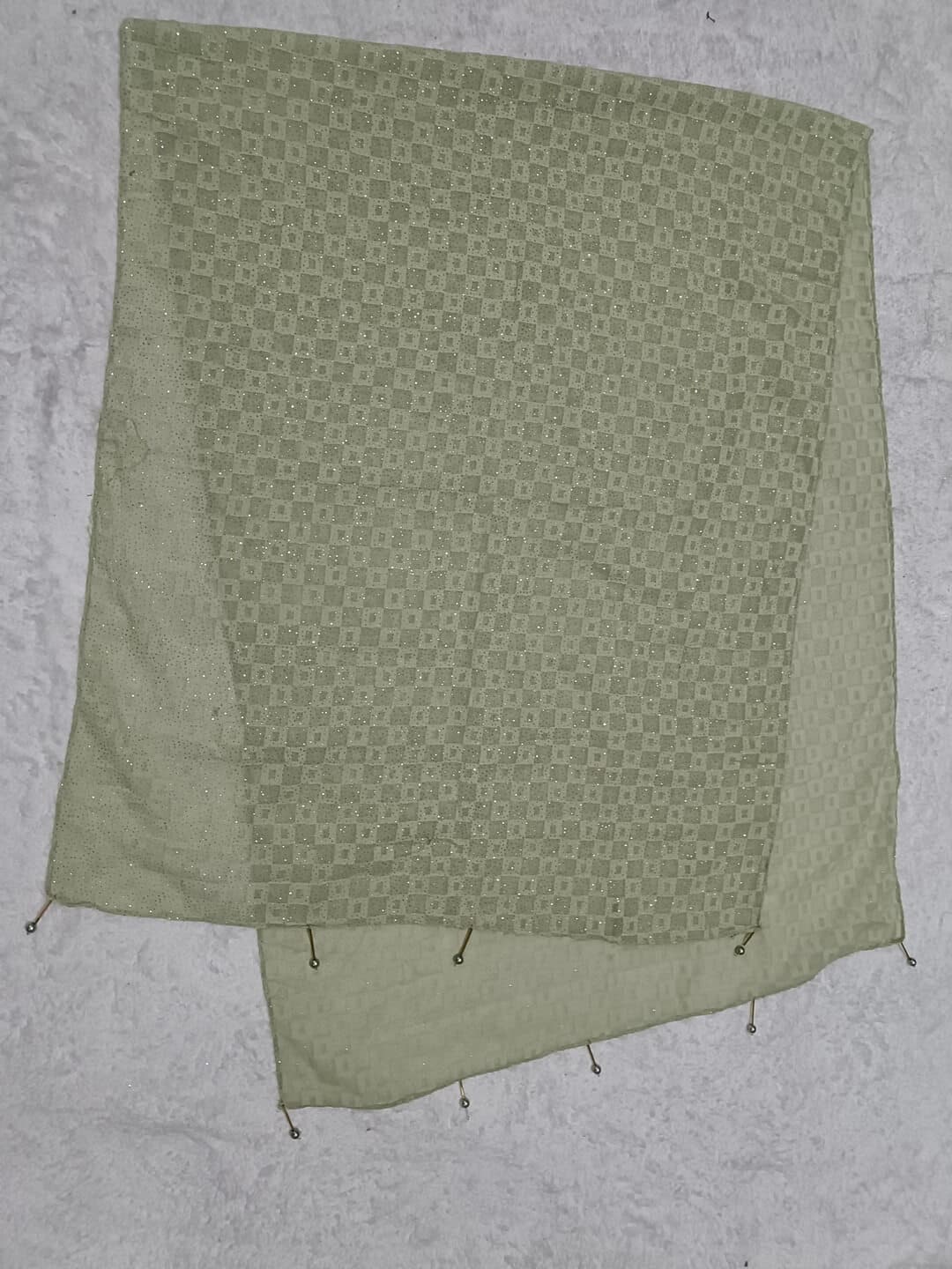 Light Green Hijab With Square Pattern Design And Latkan thumbnail 2