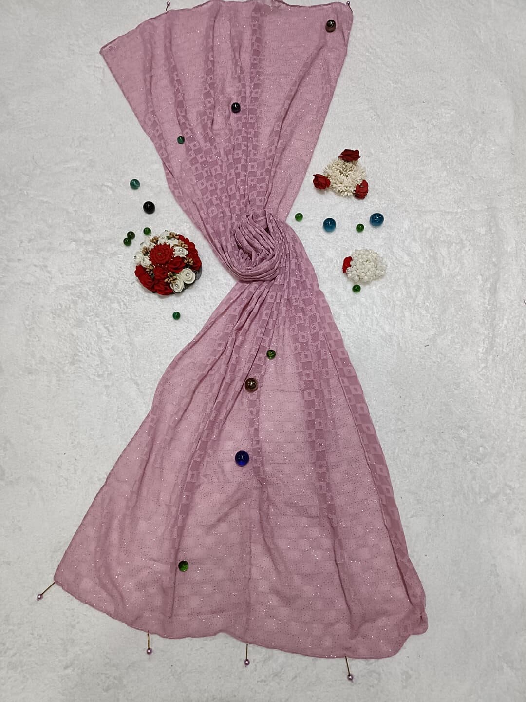 Flamingo Pink Hijab With Square Pattern Design And Latkan