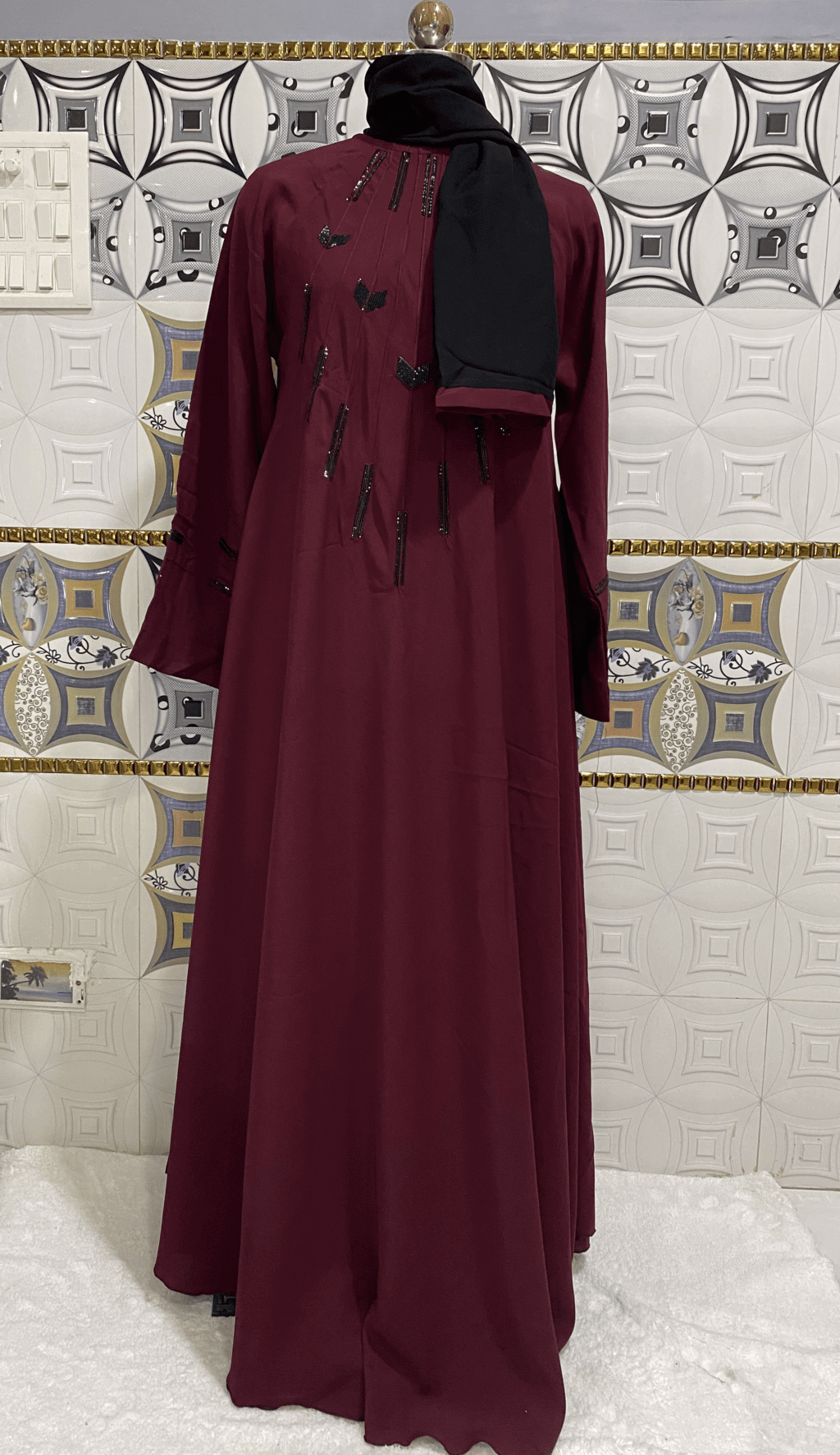 Sheet Style Wine Red Umbrella Abaya With Neck Chain thumbnail 2