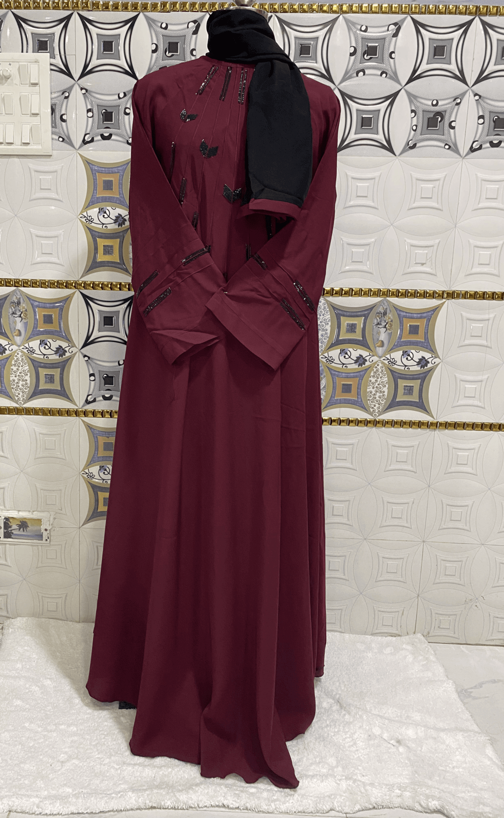 Sheet Style Wine Red Umbrella Abaya With Neck Chain thumbnail 3