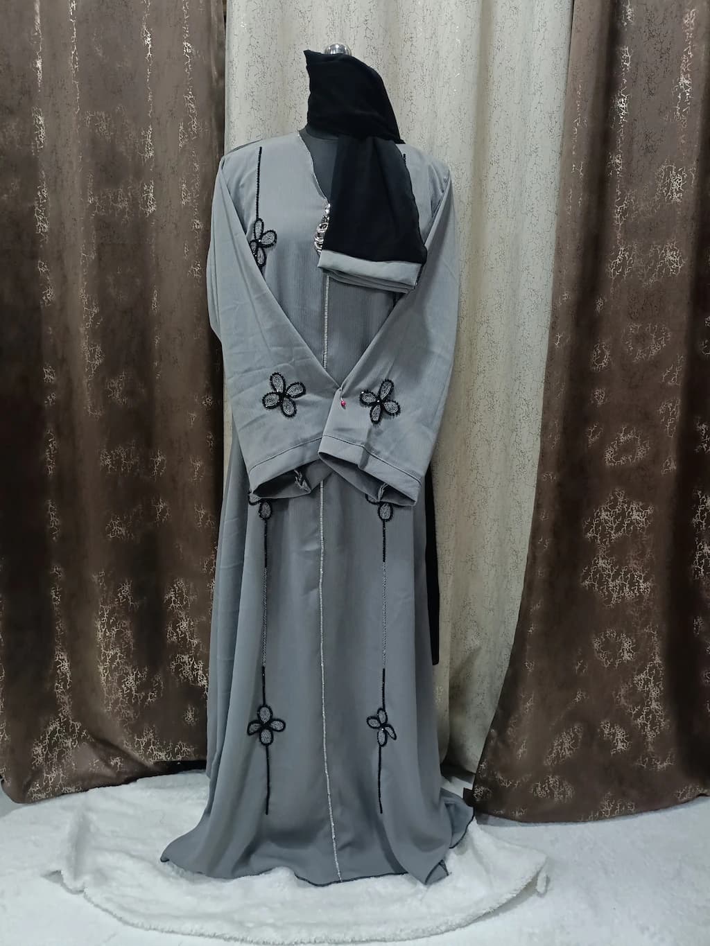 Gray Abaya With Full Length Handwork
