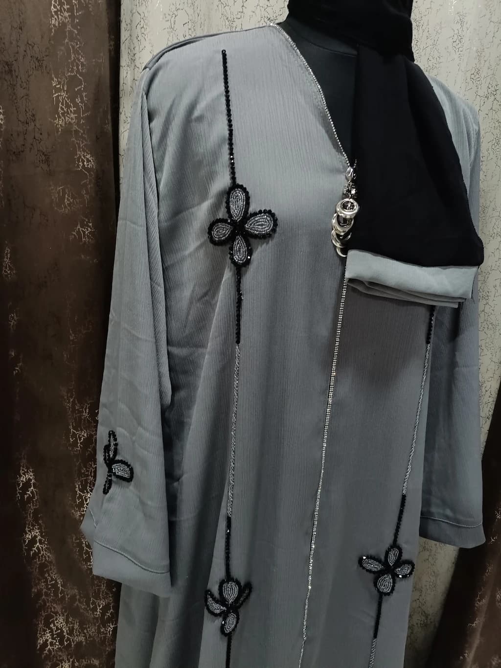 Gray Abaya With Full Length Handwork thumbnail 4