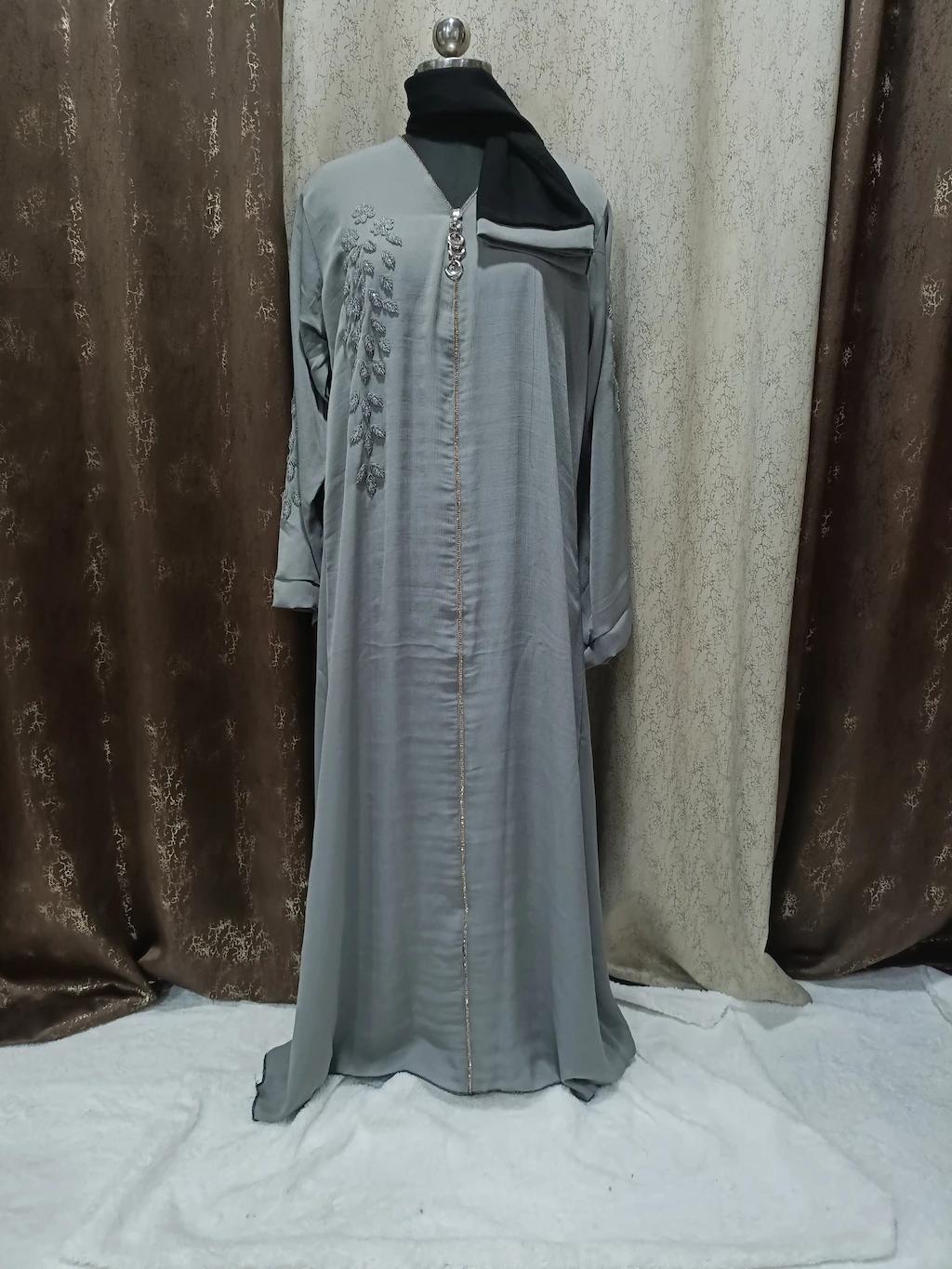 Gray Handwork Abaya With Locket thumbnail 2