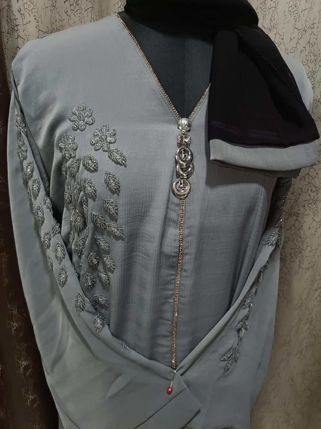 Gray Handwork Abaya With Locket thumbnail 5