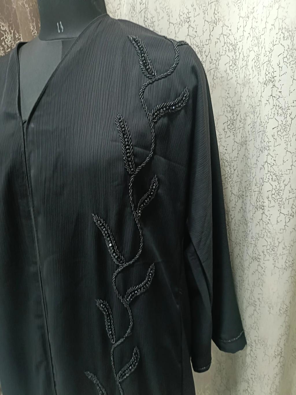 Front Open Full Length Handwork Black Abaya thumbnail 4
