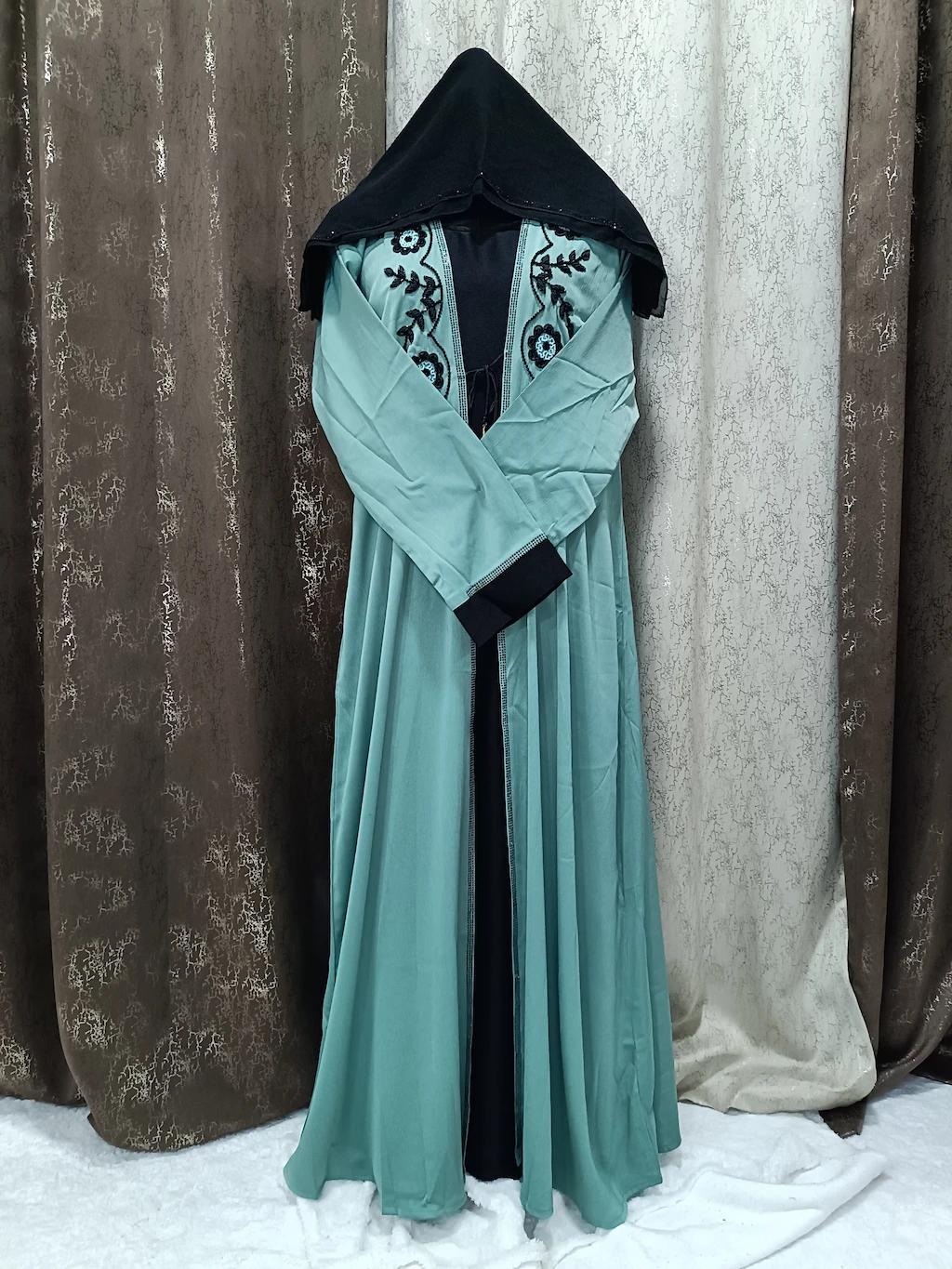 Mint Green Shrug Abaya With Handwork Design thumbnail 4