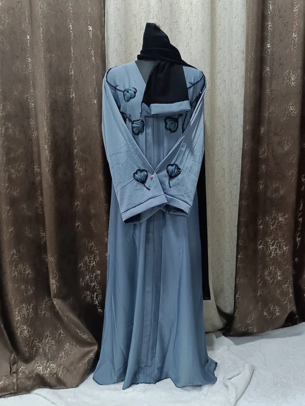 Front Closed Steel Blue Abaya With Handwork Tissue Design