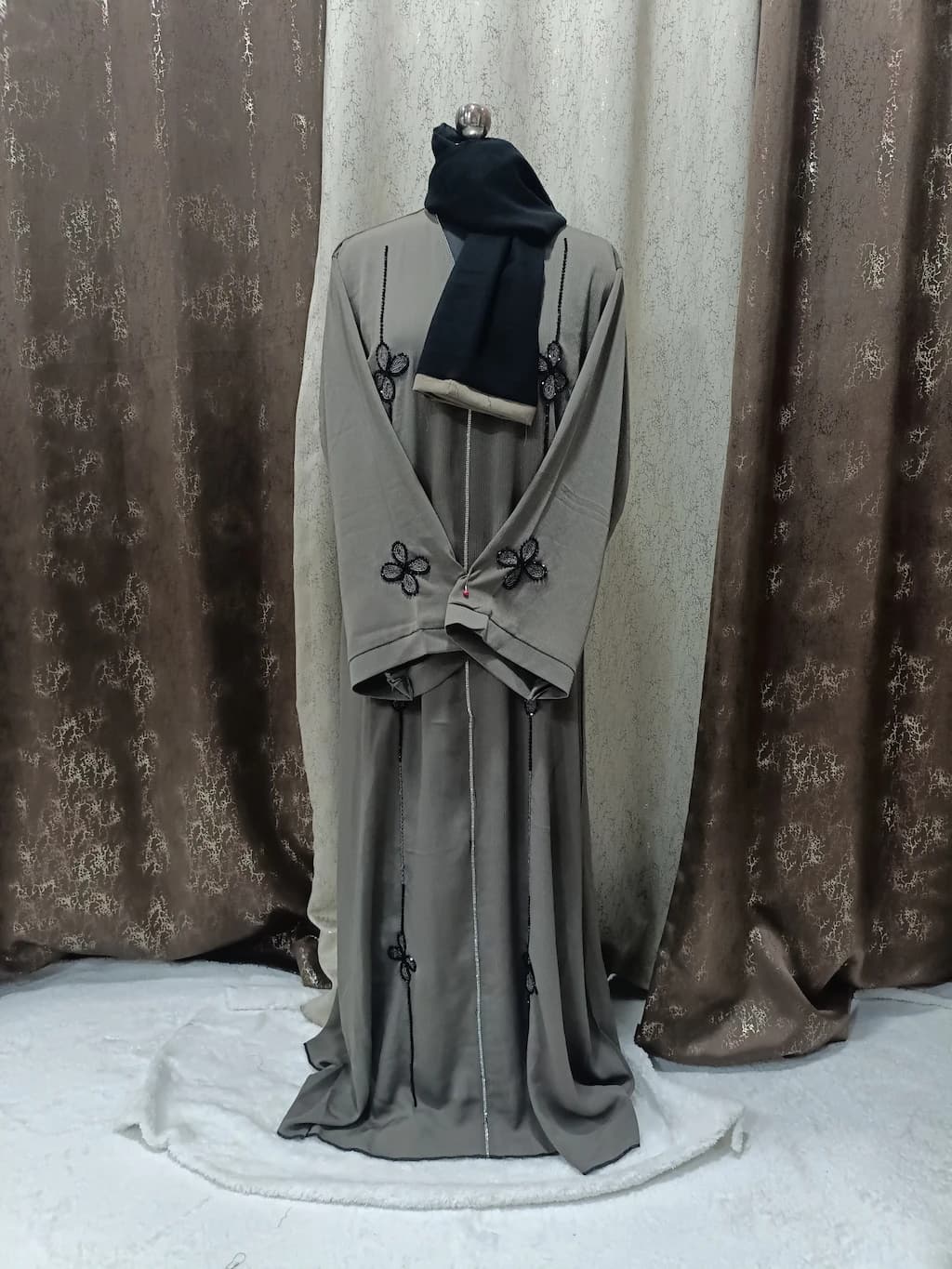 Taupe Brown Abaya With Full Length Handwork
