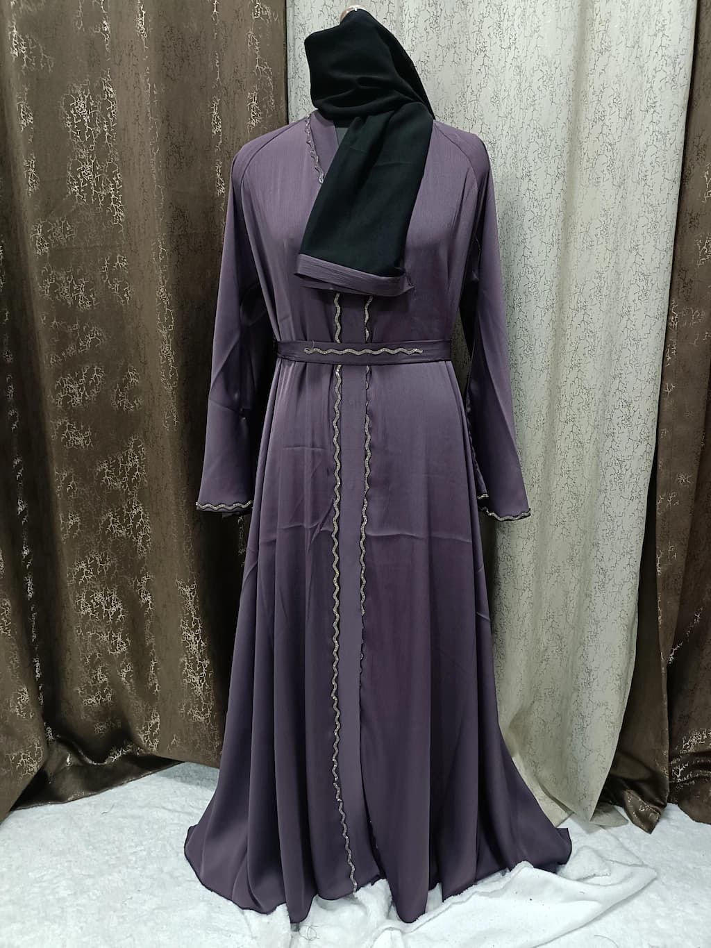 Front Open French Violet Umbrella Abaya With Bell Sleeves