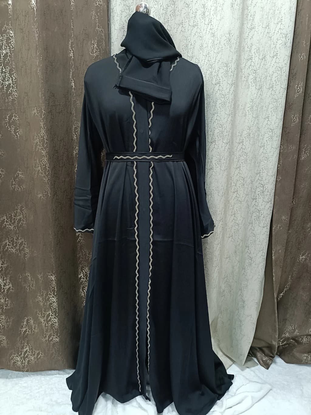 Front Open Black Umbrella Abaya With Bell Sleeves