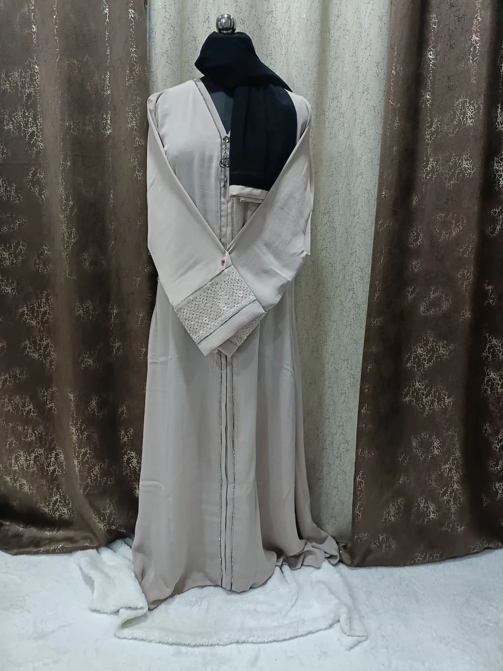 Bare Beige Abaya With Embroidery On Sleeves