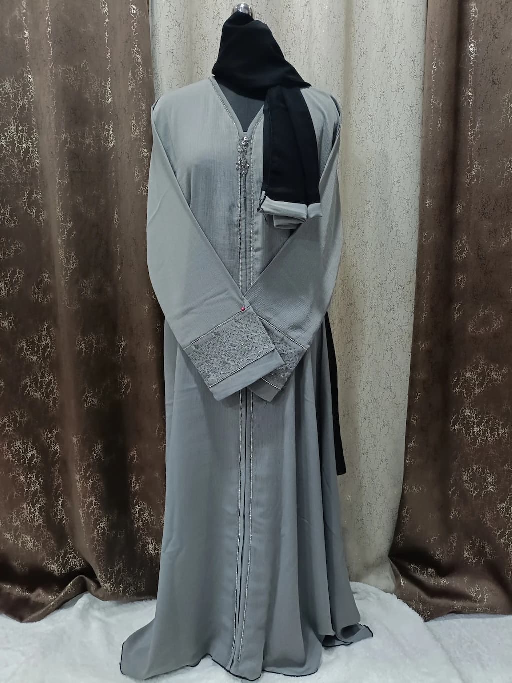 Gray Abaya With Embroidery On Sleeves