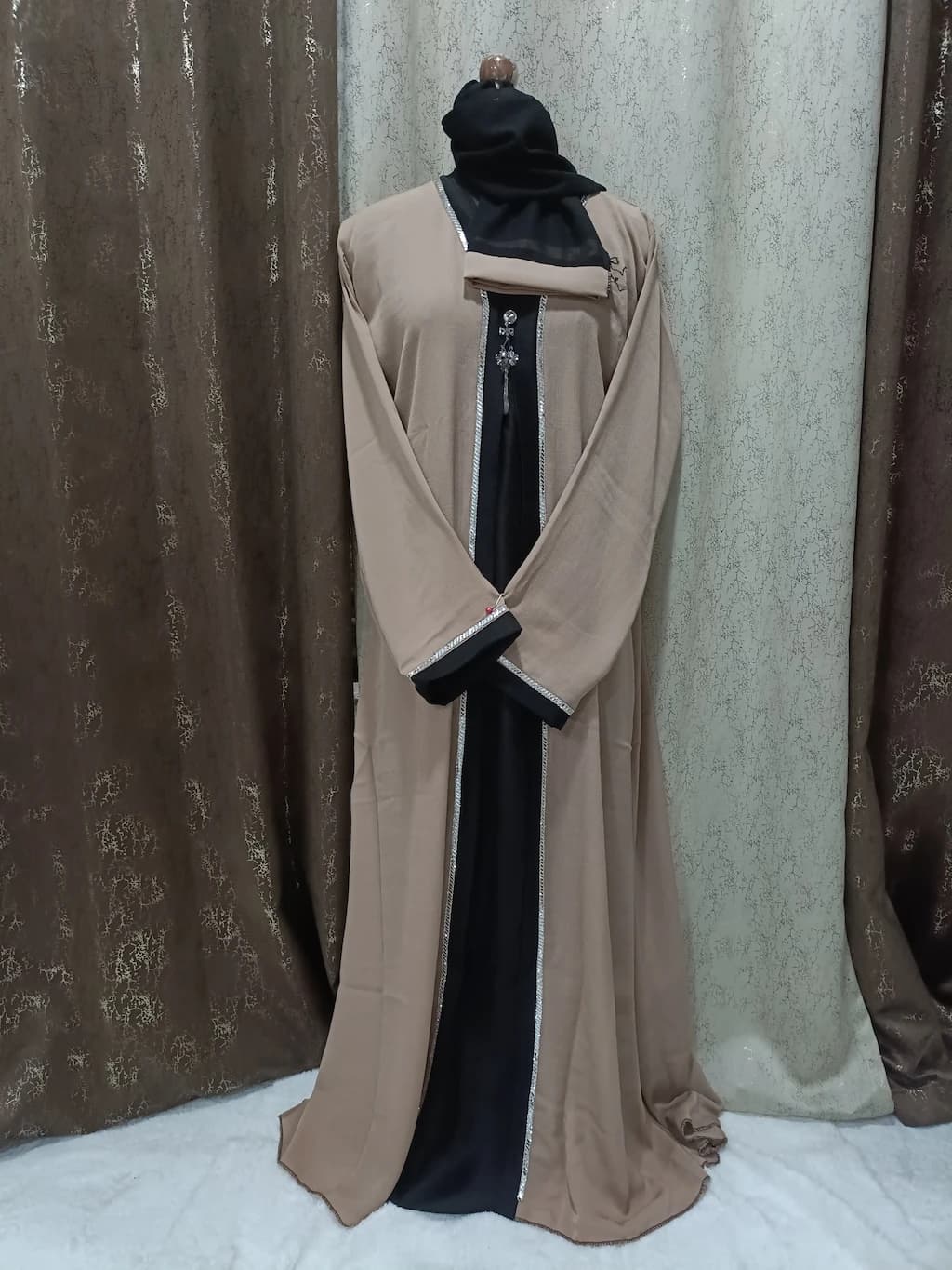 Antique Brass Brown Shrug Abaya With Chain Sheet Design