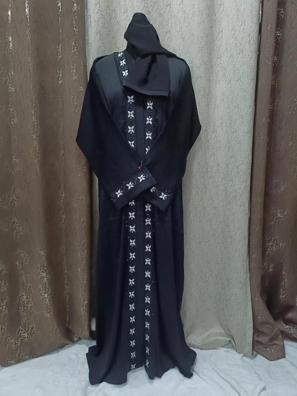 Single Cut Front Open Abaya With White Embroidered Lace