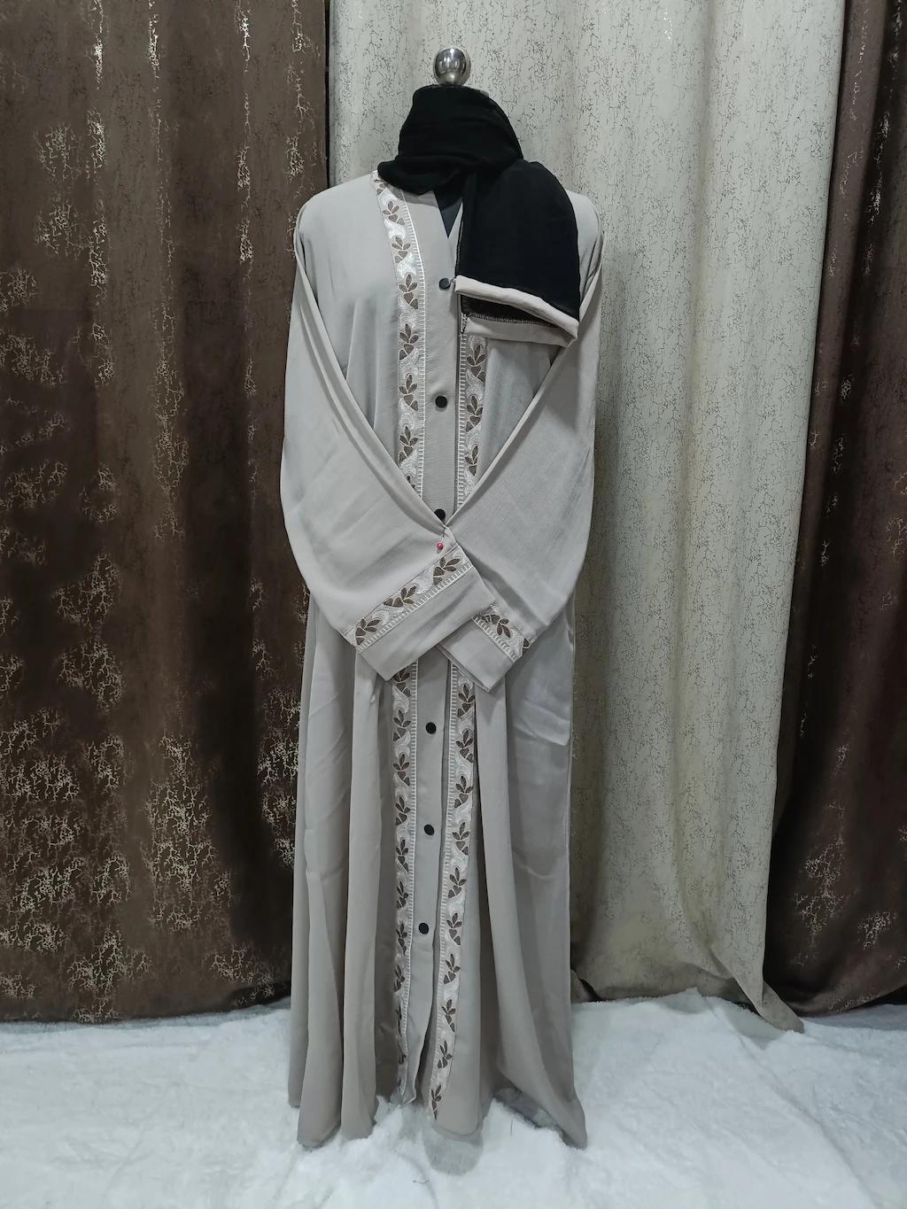 Front Open Almond Beige Abaya With Embroidered Lace