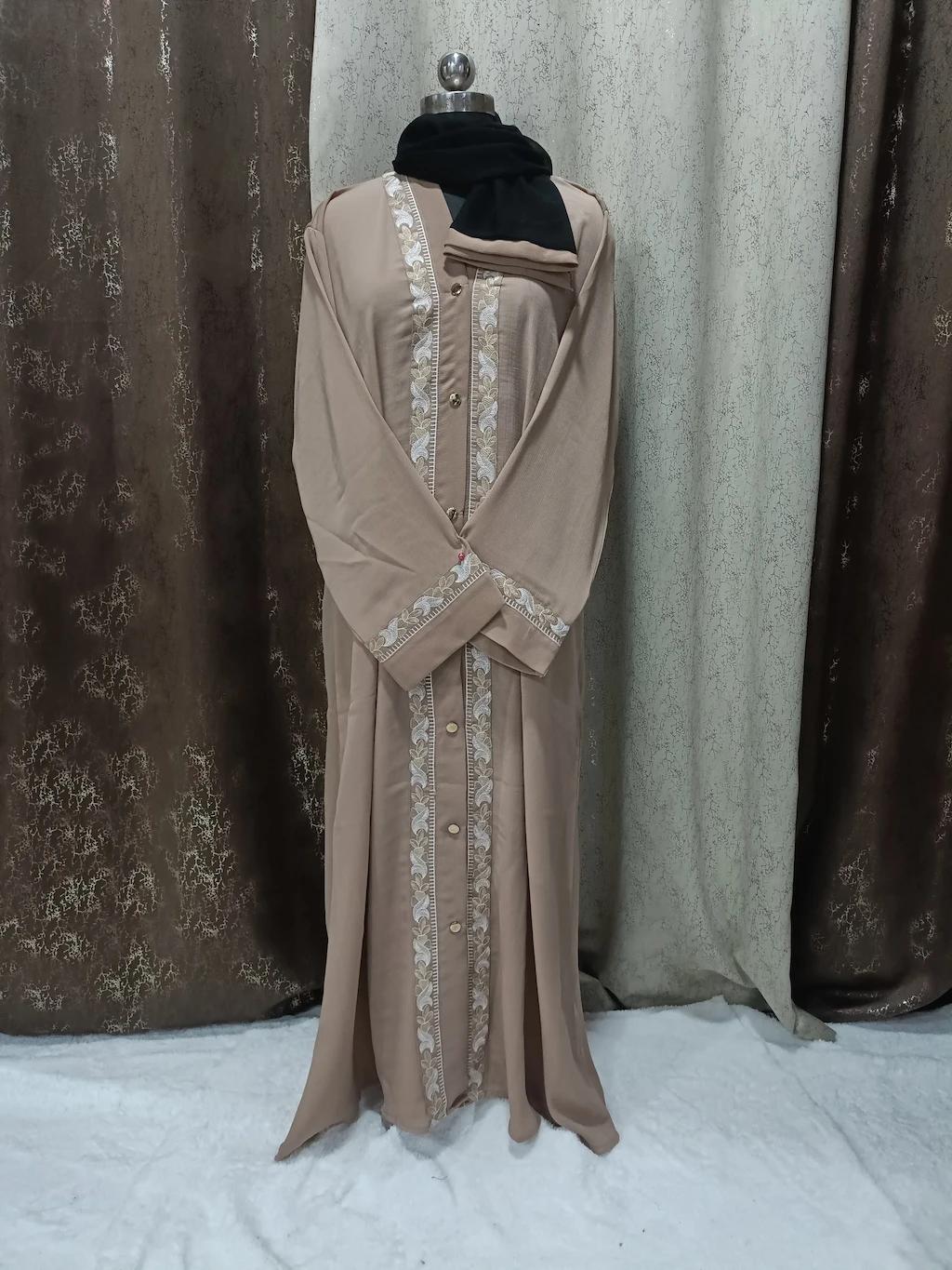 Front Open Antique Brass Brown Abaya With Embroidered Lace