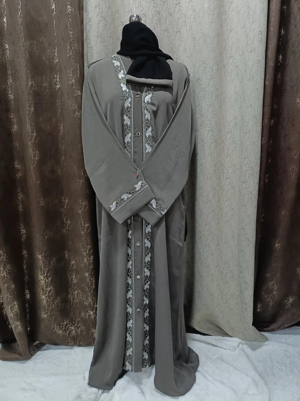 Front Open Taupe Brown Abaya With Embroidered Lace