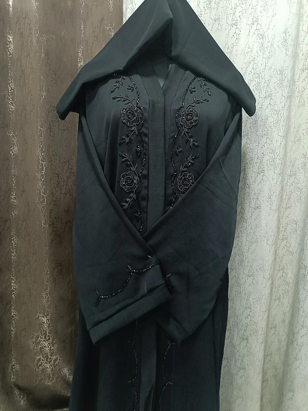 Front Open Black Handwork Abaya With Full Length Handwork