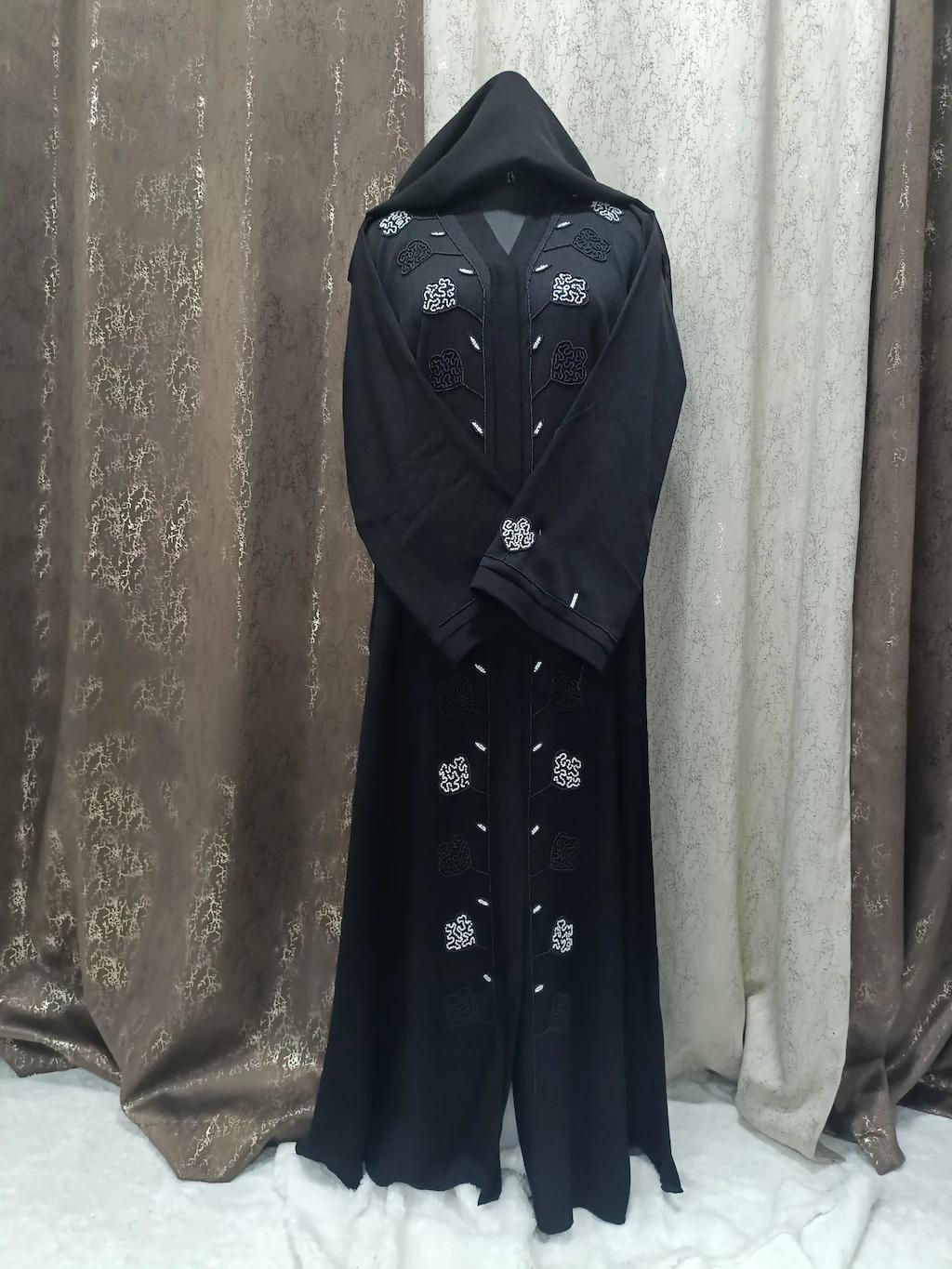 Front Open Black Abaya With Black And White Paan Handwork
