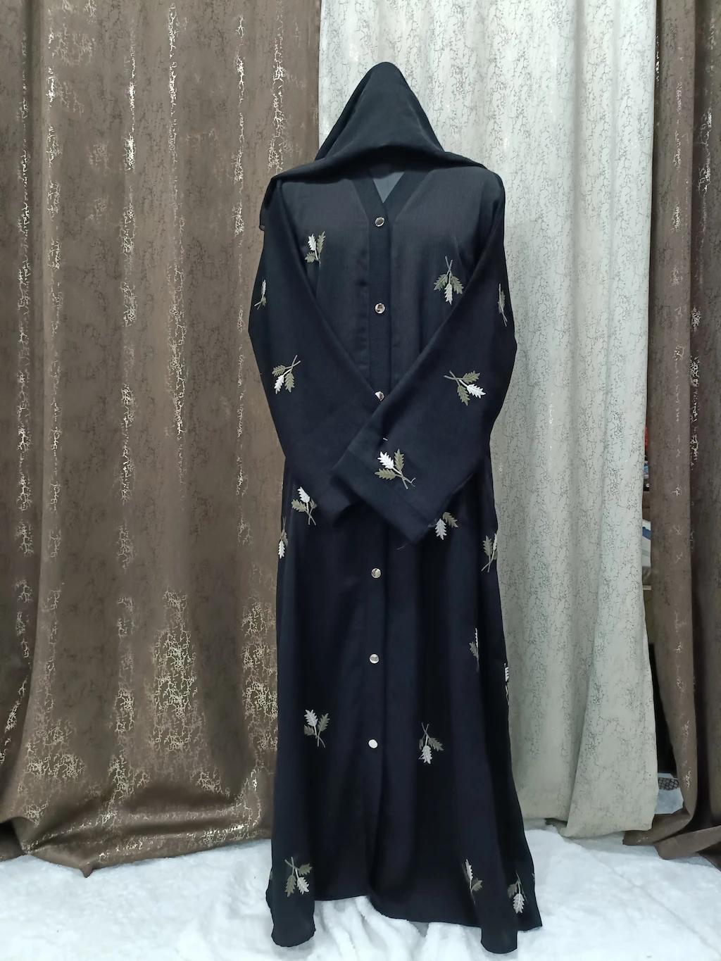 Black Front Open Abaya With Floral Embroidery