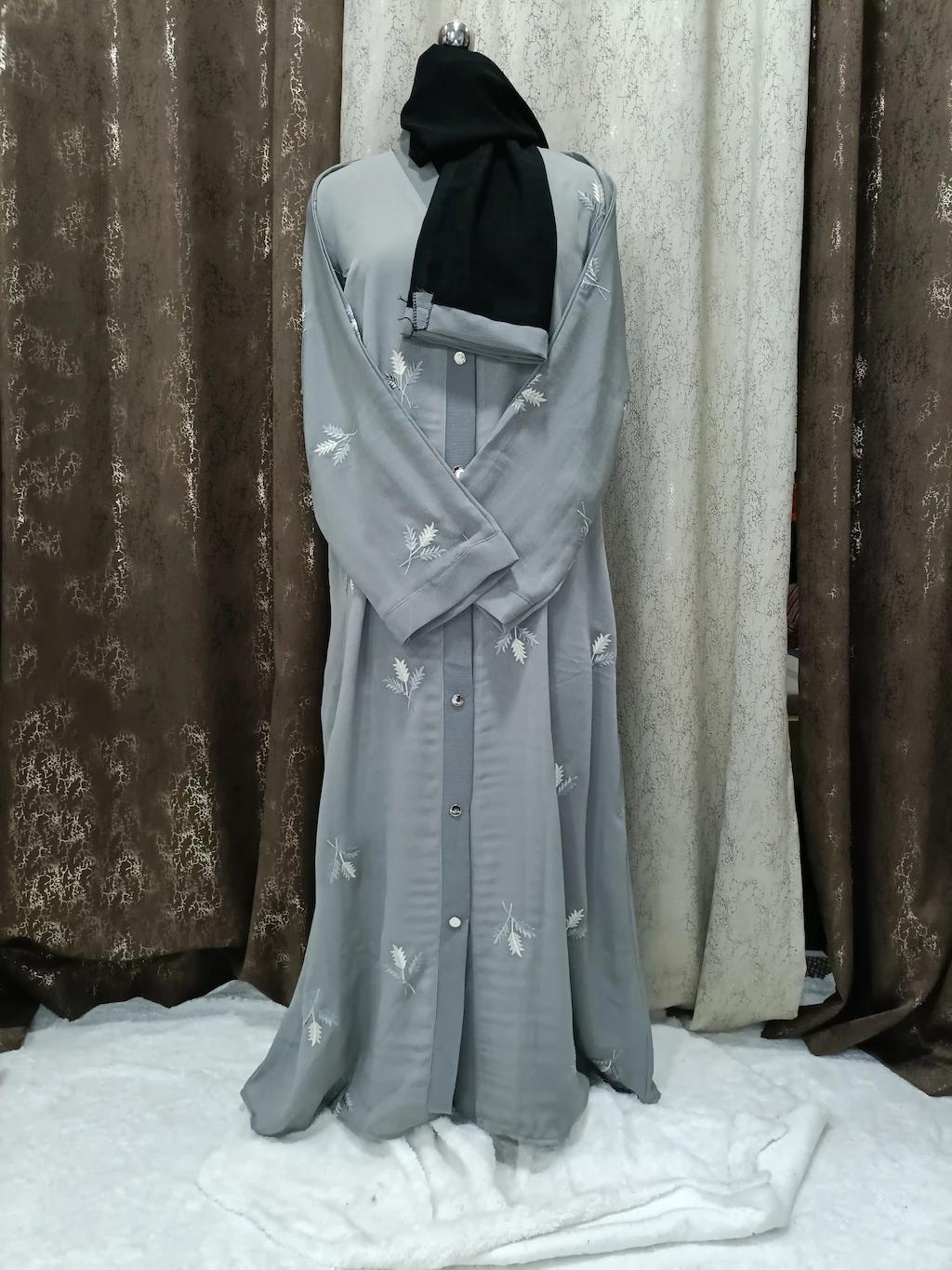 Gray Front Open Abaya With Floral Embroidery