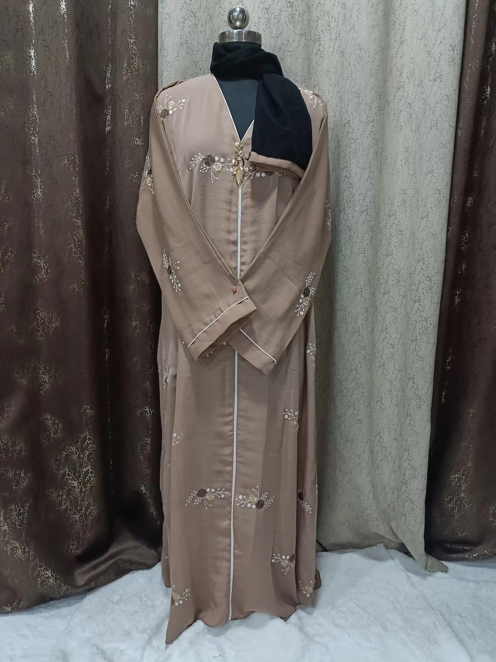 Antique Brass Brown Embroidered Abaya With Floral Embroidery