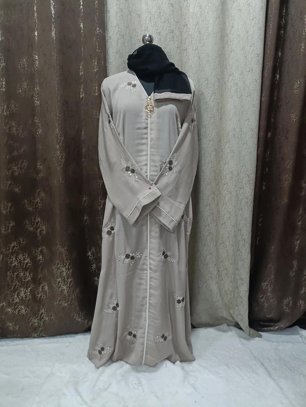 Beige Embroidered Abaya With Floral Embroidery