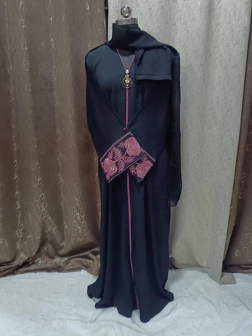 Black Embroidered Abaya With Pink Embroidered Sleeves