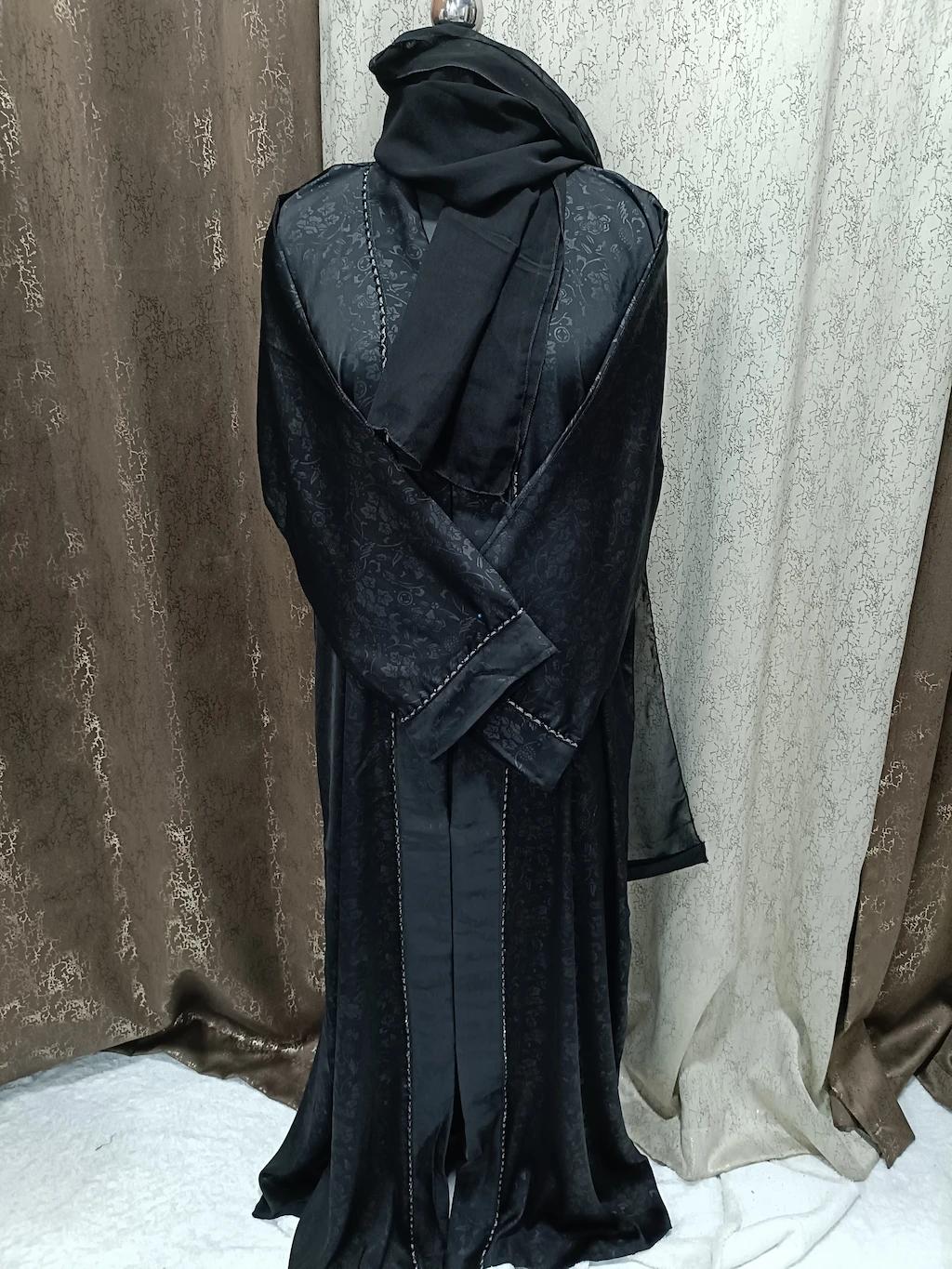 Front Open Black Digital Print Double Lapel Abaya With Zari Handwork