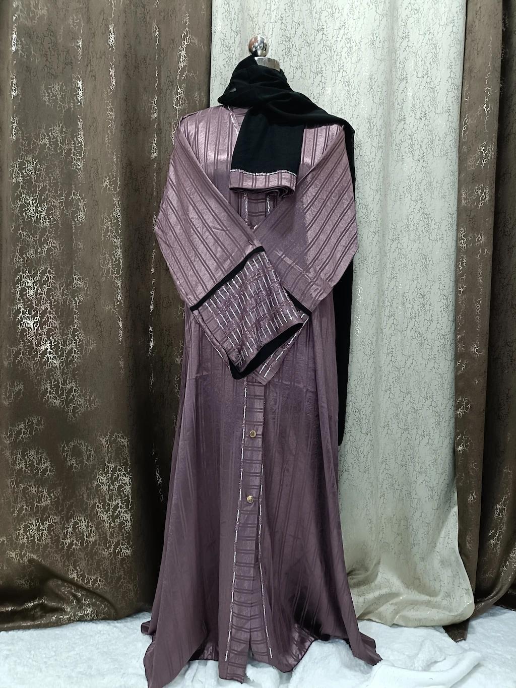 Plum Purple Front Open Abaya In Lining Design