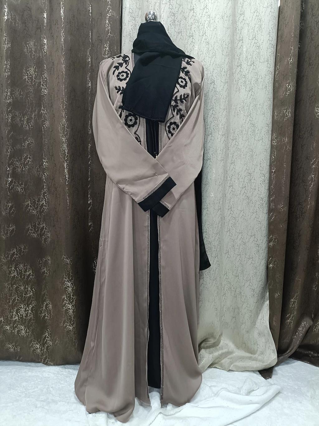 Pastel Brown Shrug Abaya With Handwork Design