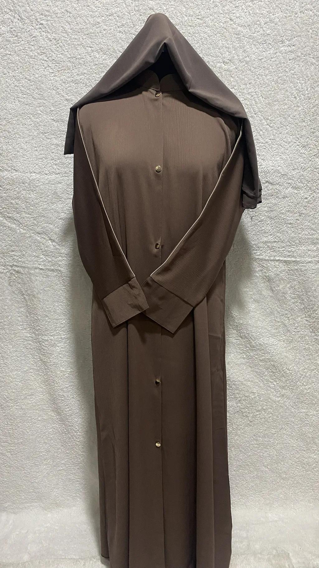 Sepia Brown Front Open Abaya With Cuffed Sleeves