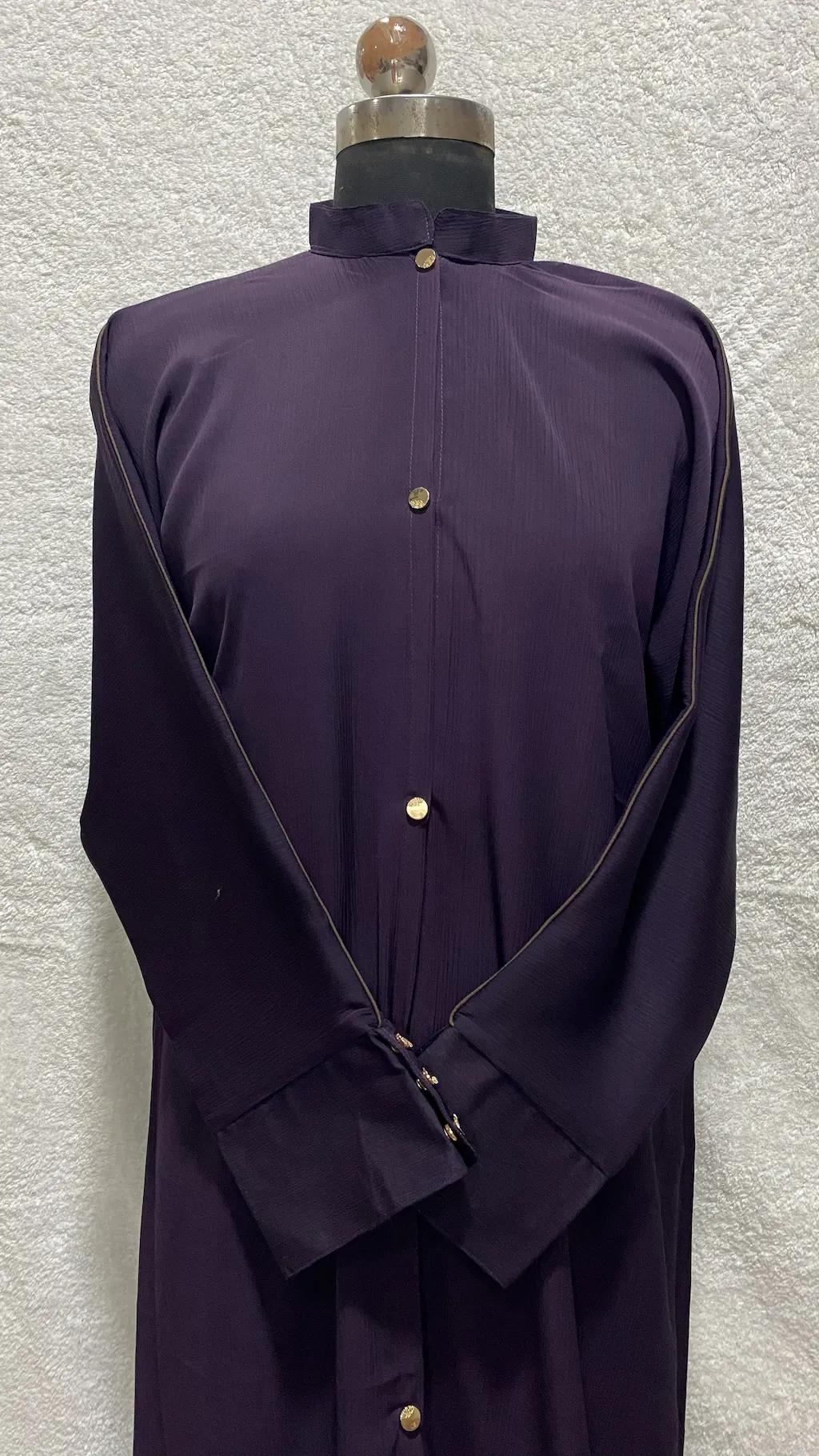 Eggplant Purple Front Open Abaya With Cuffed Sleeves