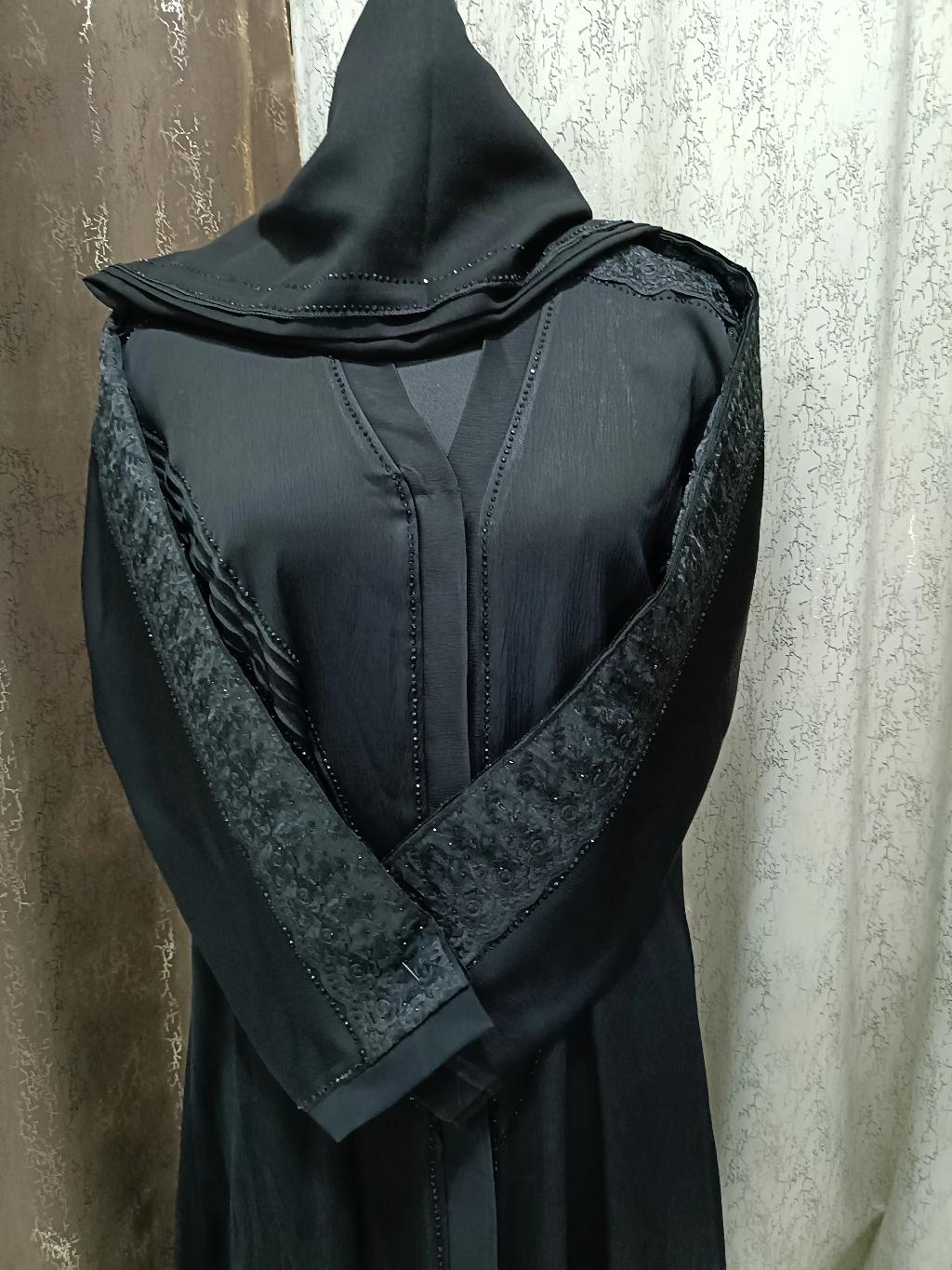 Black Front Open Abaya With Lace Design